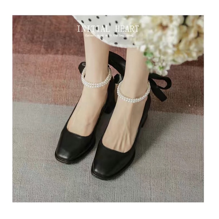 Giày cao gót 5.5cm quai ngọc dây nơ  -Da mềm giày ulzzang  đế vuông Kèm ảnh thực tế bên shop