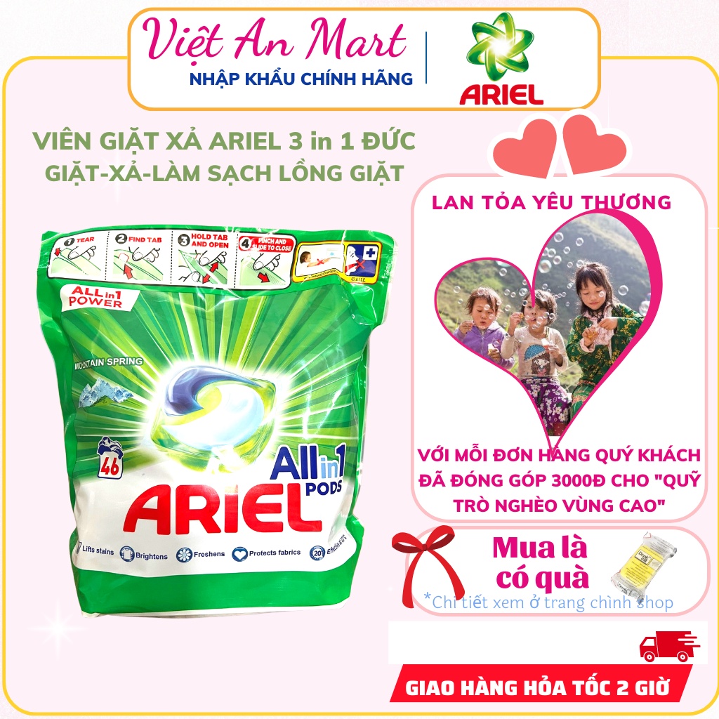 Viên giặt xả quần áo Ariel 3in1 giặt sạch,xả mềm và vệ sinh lồng giặt hàng nội địa Đức thơm cực kỳ lâu