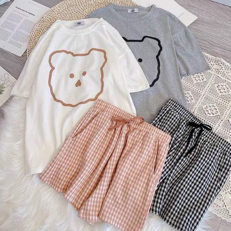 [S027] Bộ cotton đùi kẻ gấu, Bộ quần đùi kèm áo phông gấu siêu đẹp | BigBuy360 - bigbuy360.vn