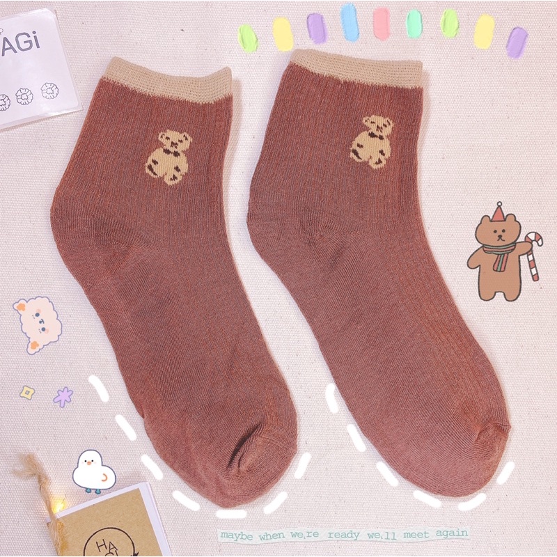 Set 3 Đôi Tất nữ Vintage Gấu teddy Phối màu Dễ thương Phong cách Hàn quốc Học sinh Sinh Viên