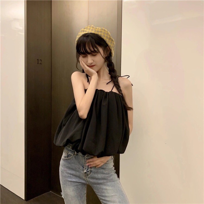 Áo sơ mi voan mùa hè mới kiểu dáng Hàn Quốc quây lưng cổ ngắn ngang rốn áo thun nữ không tay
