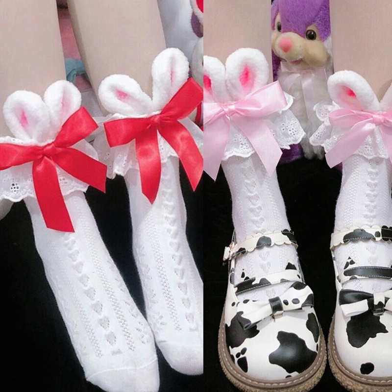 Xixi Tất Cotton Dệt Kim Đính Nơ Tai Thỏ 3D Xinh Xắn Cho Nữ