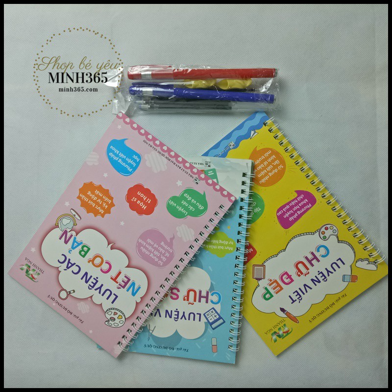 COMBO 3 QUYỂN VỞ LUYỆN VIẾT CHỮ,SỐ ĐẸP THẦN KỲ - MỰC TỰ BAY DÙNG MÃI MÃI TẶNG KÈM 2bút,8ruột, 2 cá heo định hình
