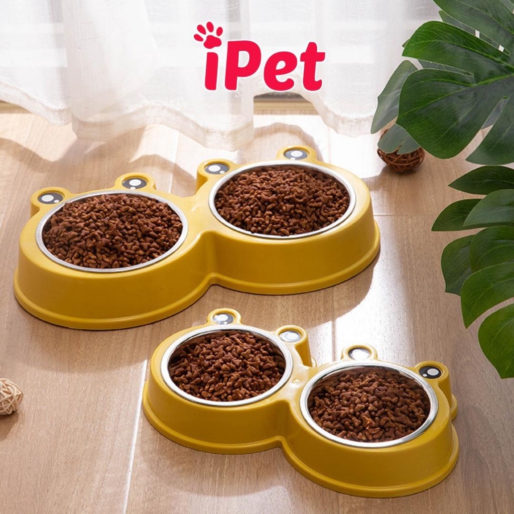 Bát đựng thức ăn nước uống cho chó mèo hình ếch 2 ngăn lòng inox - iPet Shop