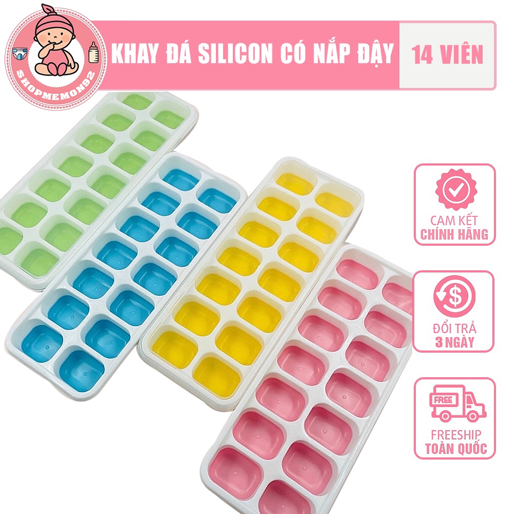 Khay Đá Silicon Có Nắp Đậy 14 Viên, Khay Đựng Đá Tủ Lạnh, Làm Đá Thạch Kem Bảo Quản Chống Mùi Tuyệt Đối