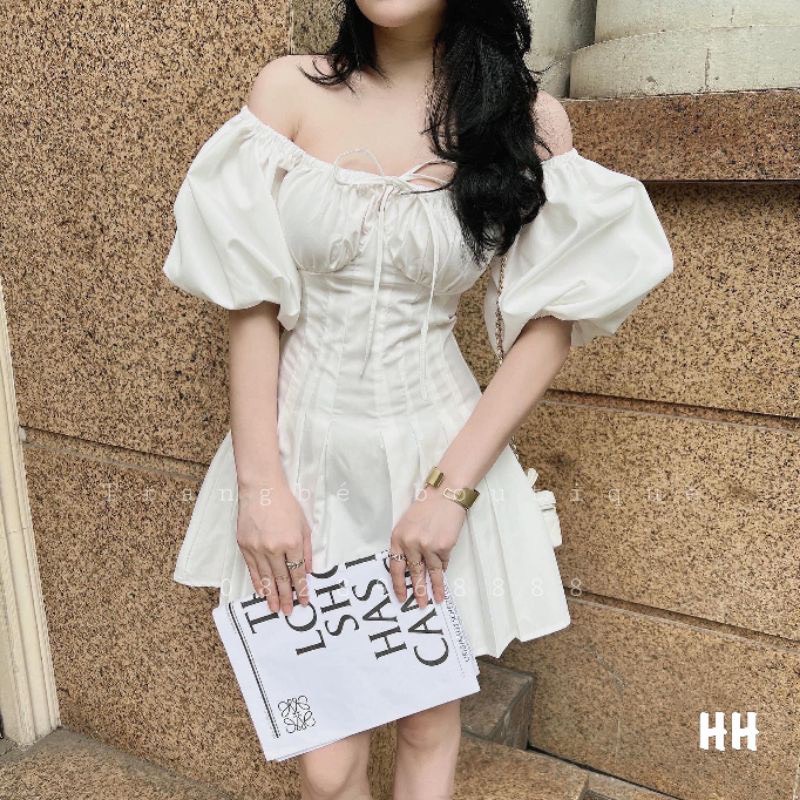 Đầm Tiểu Thư Trắng Trễ vai Cột Nơ Ngực Váy Trắng Thiết Kế Dây Cột Xếp Ly Bụng or002