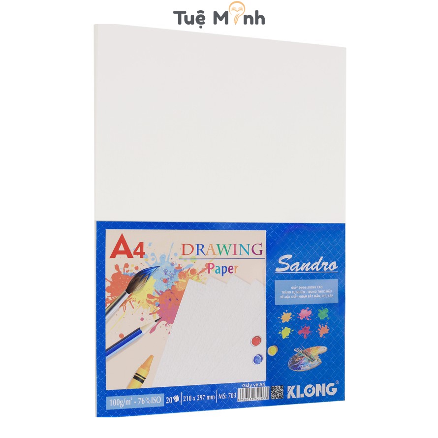 Giấy vẽ A4 Klong tập 20 tờ giấy vẽ màu chì than, bút sáp, màu nước 100gsm MS 703 giấy mỹ thuật