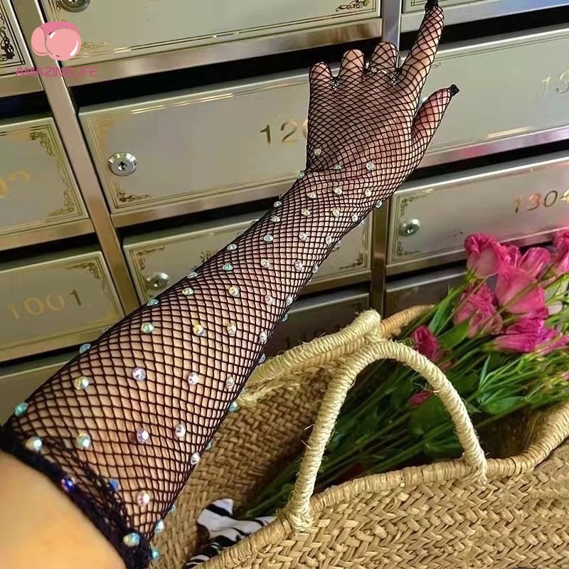Găng Tay Lưới Rỗng Co Giãn Toàn Diện Đính Đá Lấp Lánh Cho Nữ