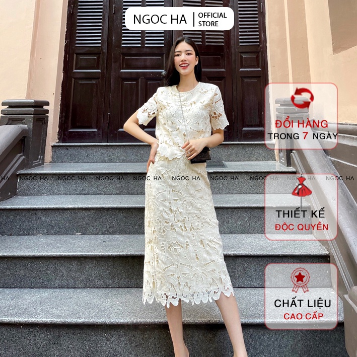 Set Bộ Nữ Thiết Kế Cao Cấp Chất Vải Ren, Áo Dáng Suông Croptop+Chân Váy Chút Chì NGỌC HÀ Design BJ051