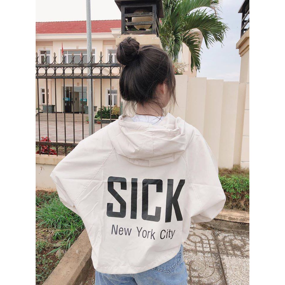 Áo khoác dù croptop1 lớp form lững chữ Sick có nón