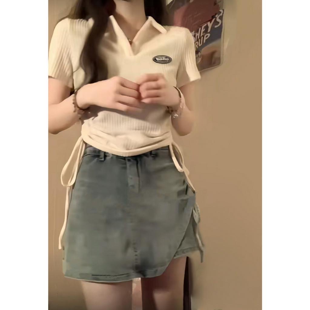 Ethelgirl Áo polo Ngắn Tay Ôm Dáng Phối Dây Rút Thời Trang Cho Nữ