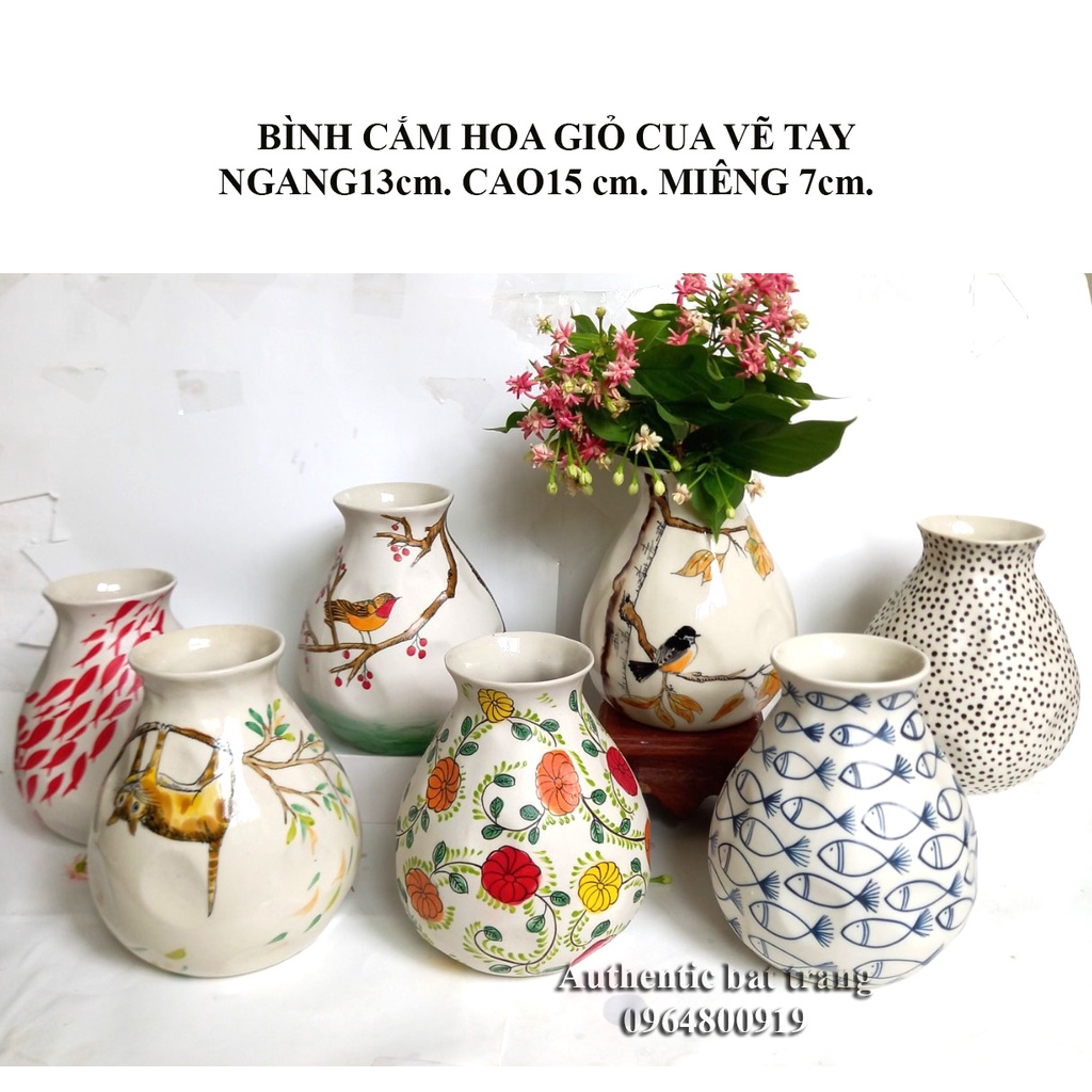 &quot;SIÊU XINH&quot; BÌNH CĂM HOA GIỎ CUA MIỆNG LOE D13H15cm- RẤT DỄ CẮM VÀ TRANG TRÍ vẽ tay 100%. Gốm sứ Authentic bat trang