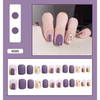 Set 24 móng tay giả họa tiết 3D cao cấp kèm keo dán họa tiết xanh tím 089