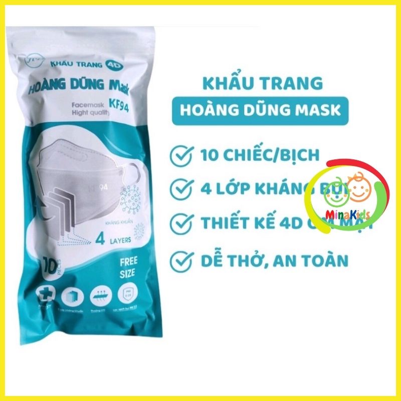 Khẩu Trang 4D KF94 Hoàng Dũng Mask Kháng Khuẩn Chống Bụi Mịn Công Nghệ Hàn Quốc Sét 10 KT10