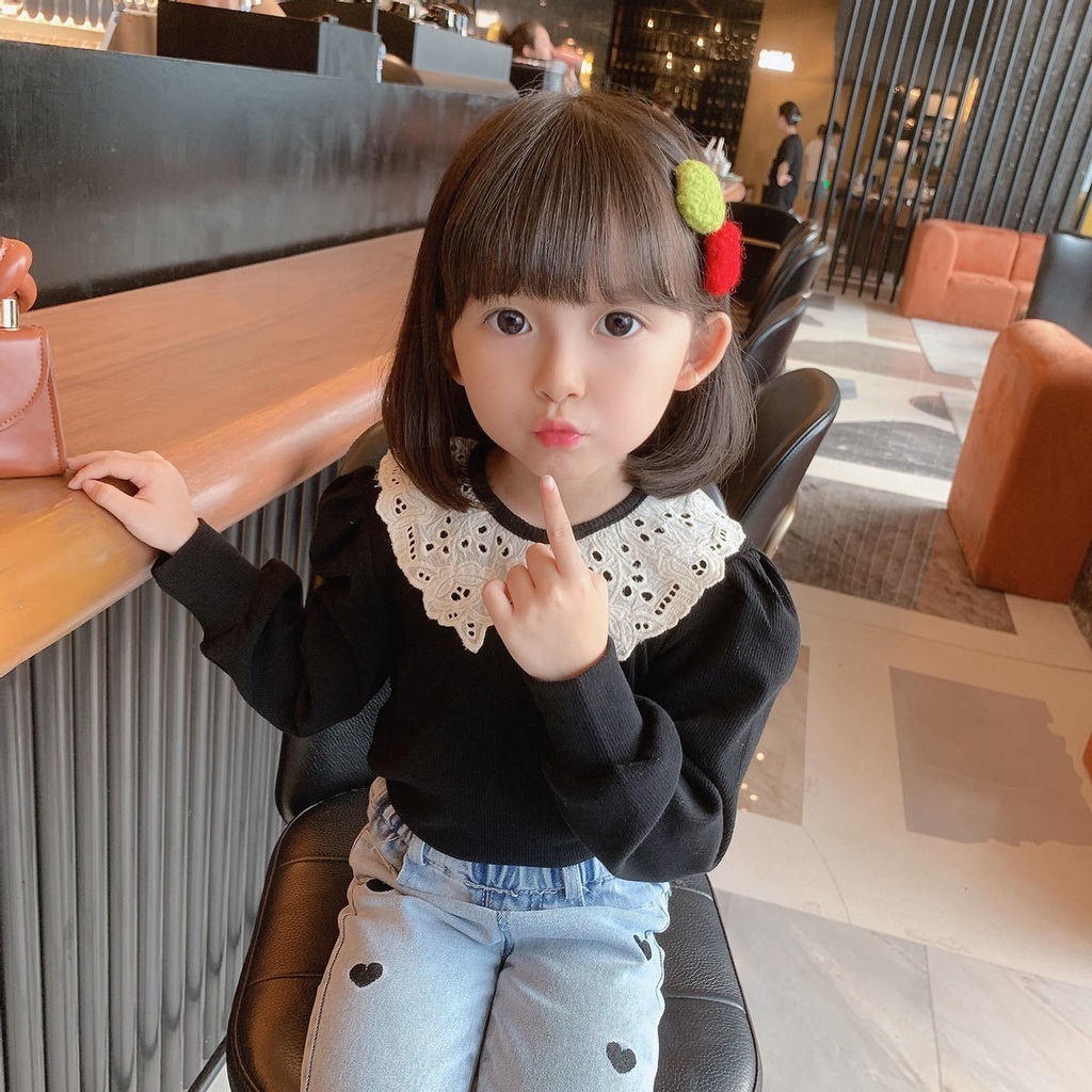 Áo thun tay dài phối ren thời trang phong cách mùa thu cho bé gái