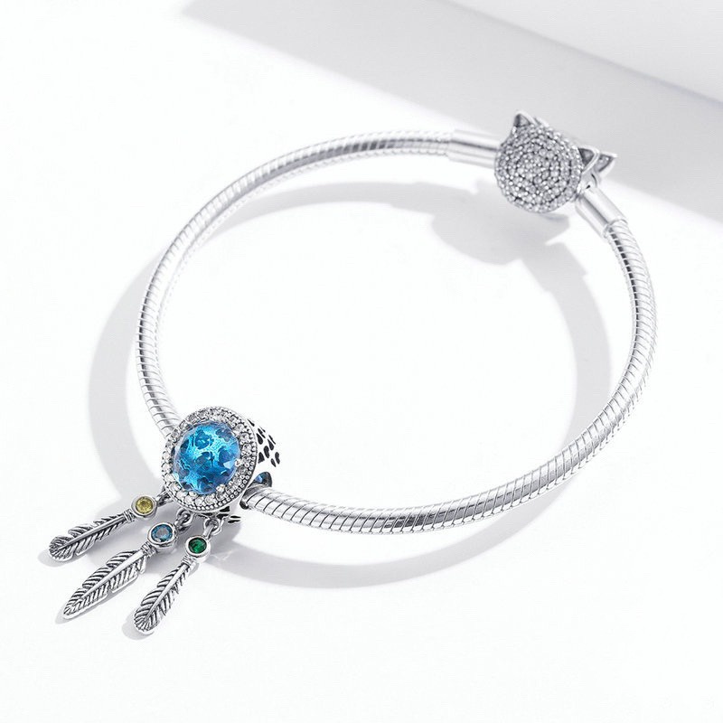Charm bạc H.A.S hình dreamcatcher đính đá màu xanh - Hạt charm bạc thời trang