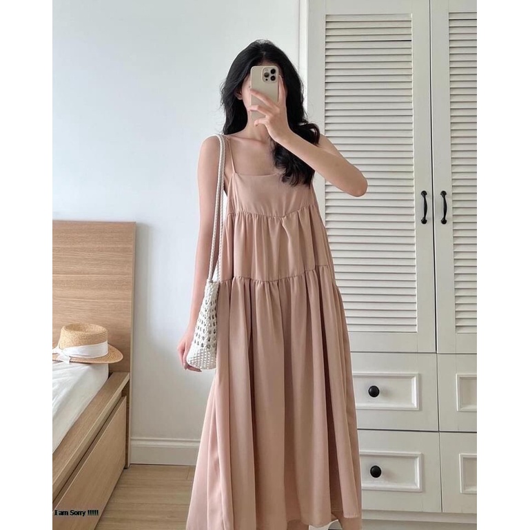 Váy Đầm 2 Hai Dây Nữ Xòe 3 Tầng Form Suông Dáng Dài Freesize Chất Đũi Lụa Dễ Thương
