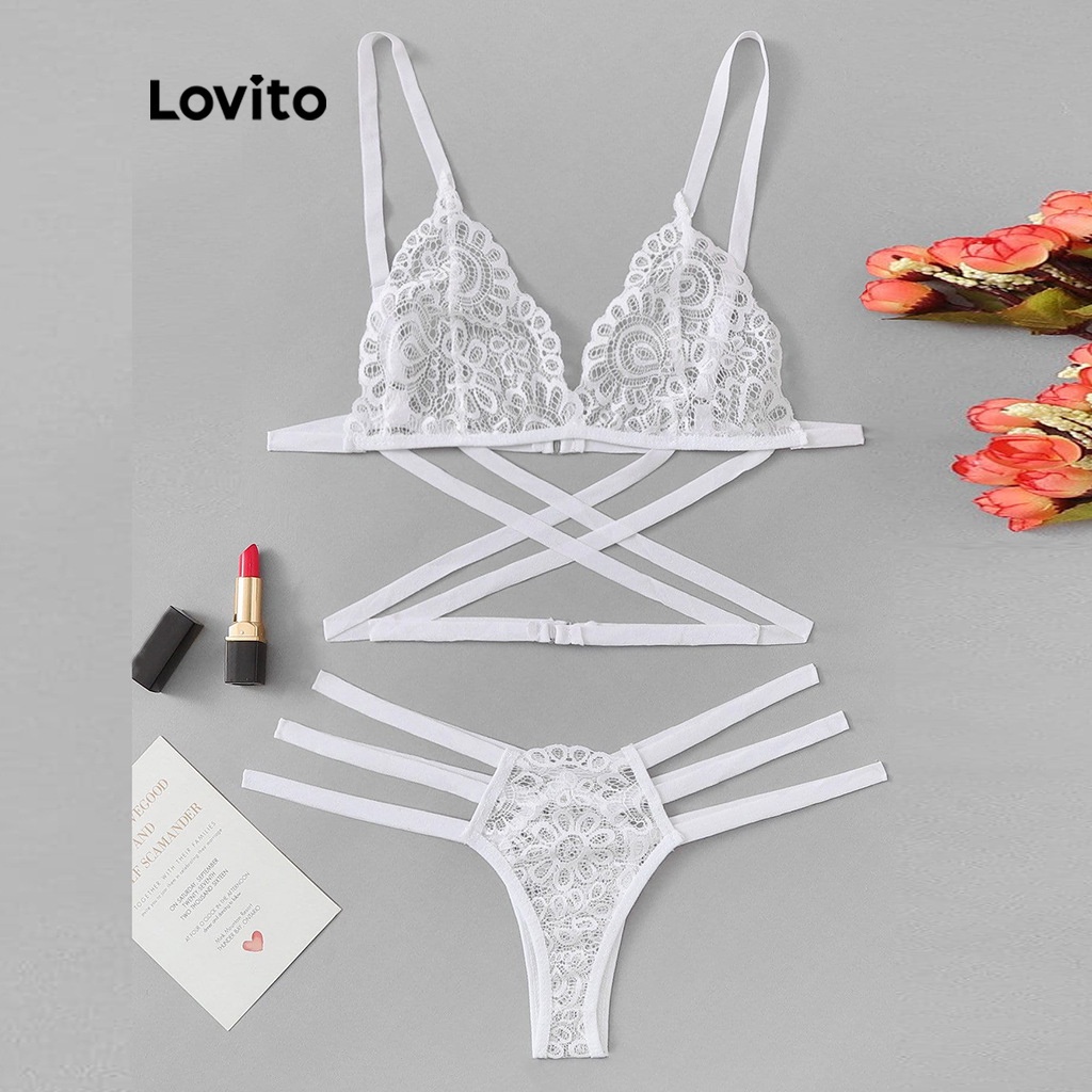 Set đồ lót Lovito chất liệu ren không gọng ôm dáng gợi cảm L00003 (màu trắng/ đỏ đậm)