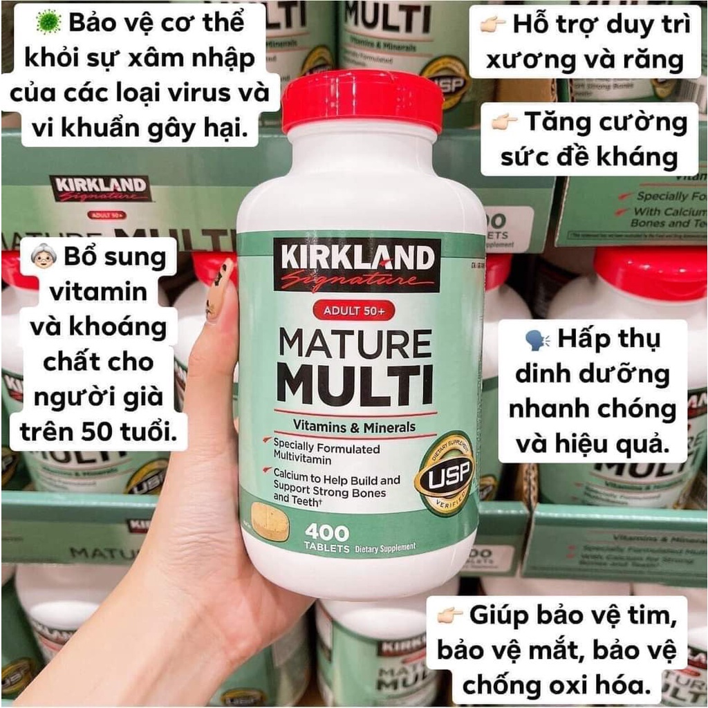Viên uống Vitamin tổng hợp Kirkland Mature Multi Adult 50 plus Hộp 400 viên Healthy Care quatangme