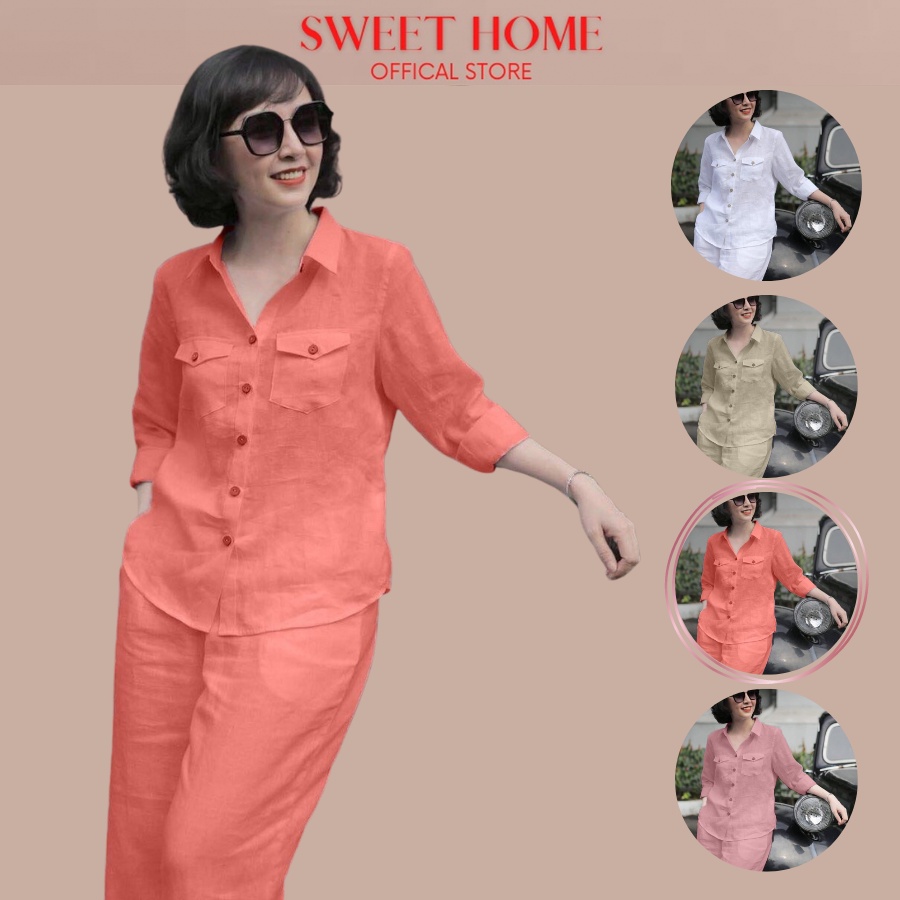 Bộ Quần Áo Dài Tay 2 Túi Sweet Home Vải Đũi Hàn Quốc A11