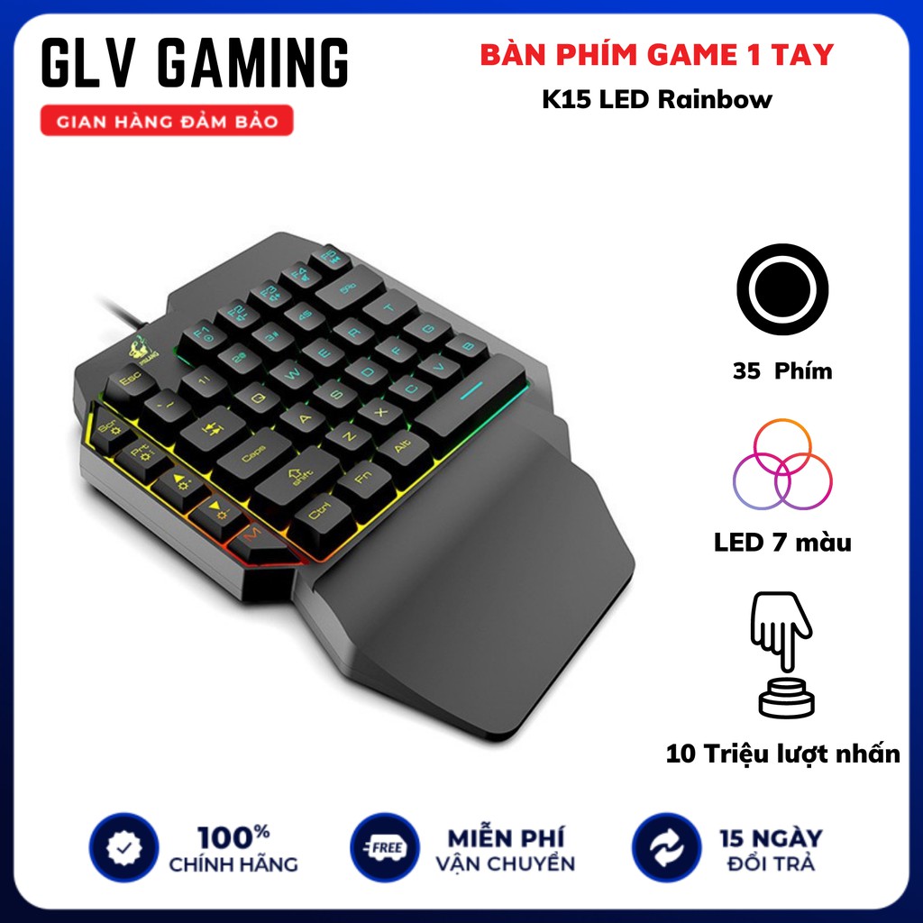 Bàn phím một tay K15 led Rainbow chơi game FPS, Moba