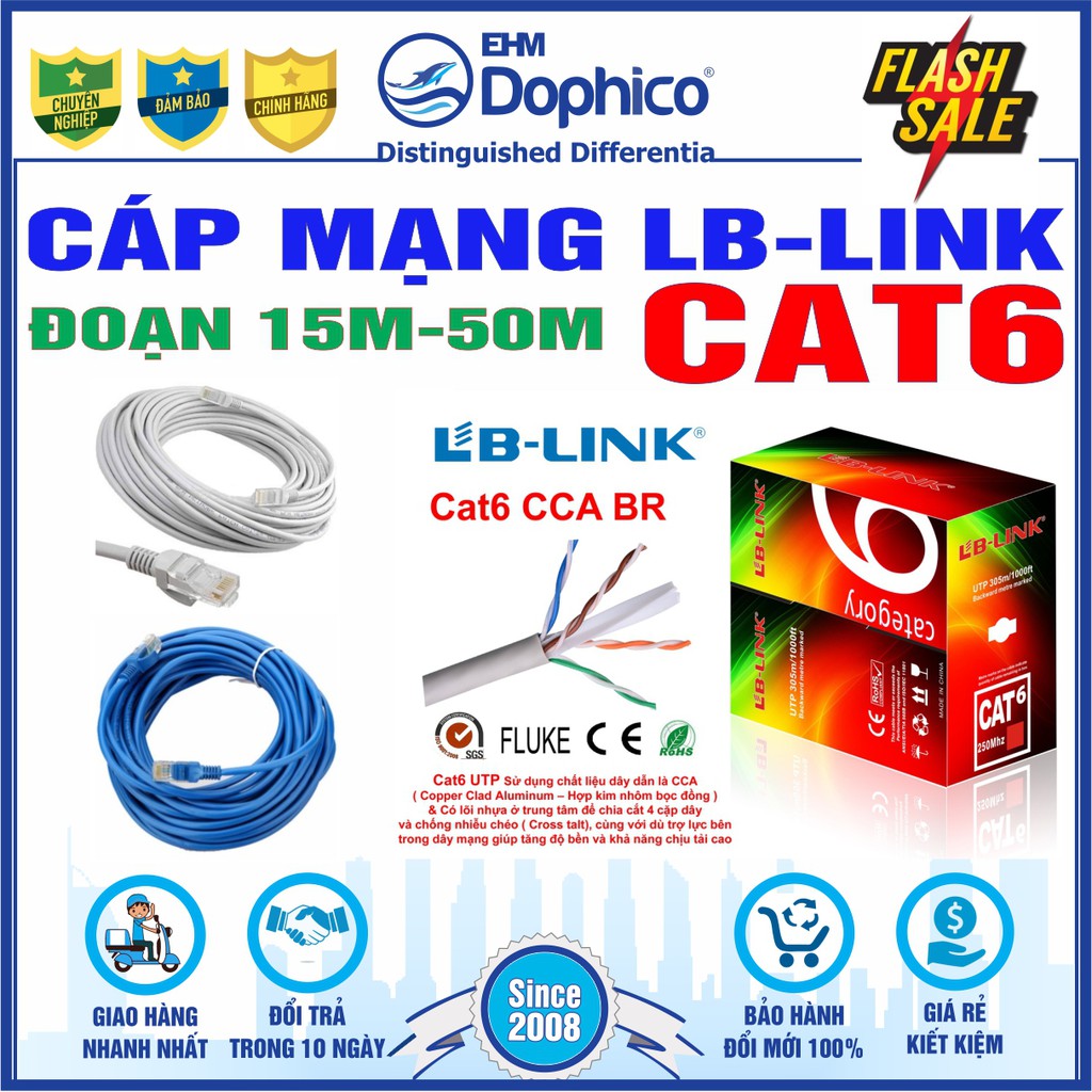 Dây cáp mạng Lb-Link Cat6 – Đoạn dài 15m/20m/30m/40m/50m bấm sẵn 2 đầu – Cắt từ cuộn tiêu chuẩn – Chính hãng LB-LINK