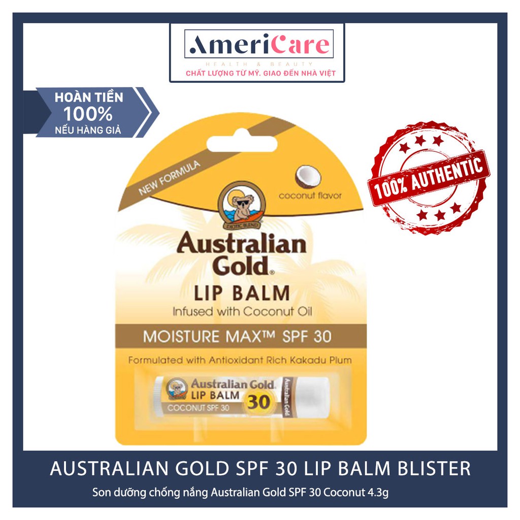 [Bill Mỹ] Son dưỡng môi chống nắng AUSTRALIAN GOLD SPF 30 LIP BALM BLISTER - COCONUT 0.15OZ