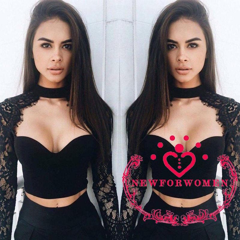 Áo crop top dài tay phối ren thời trang nữ quyến rũ