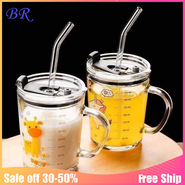Cốc Pha Sữa Thủy Tinh Chia Vạch 350ml Siêu Tiện Lợi Kèm Ống Hút Và Nắp Đậy