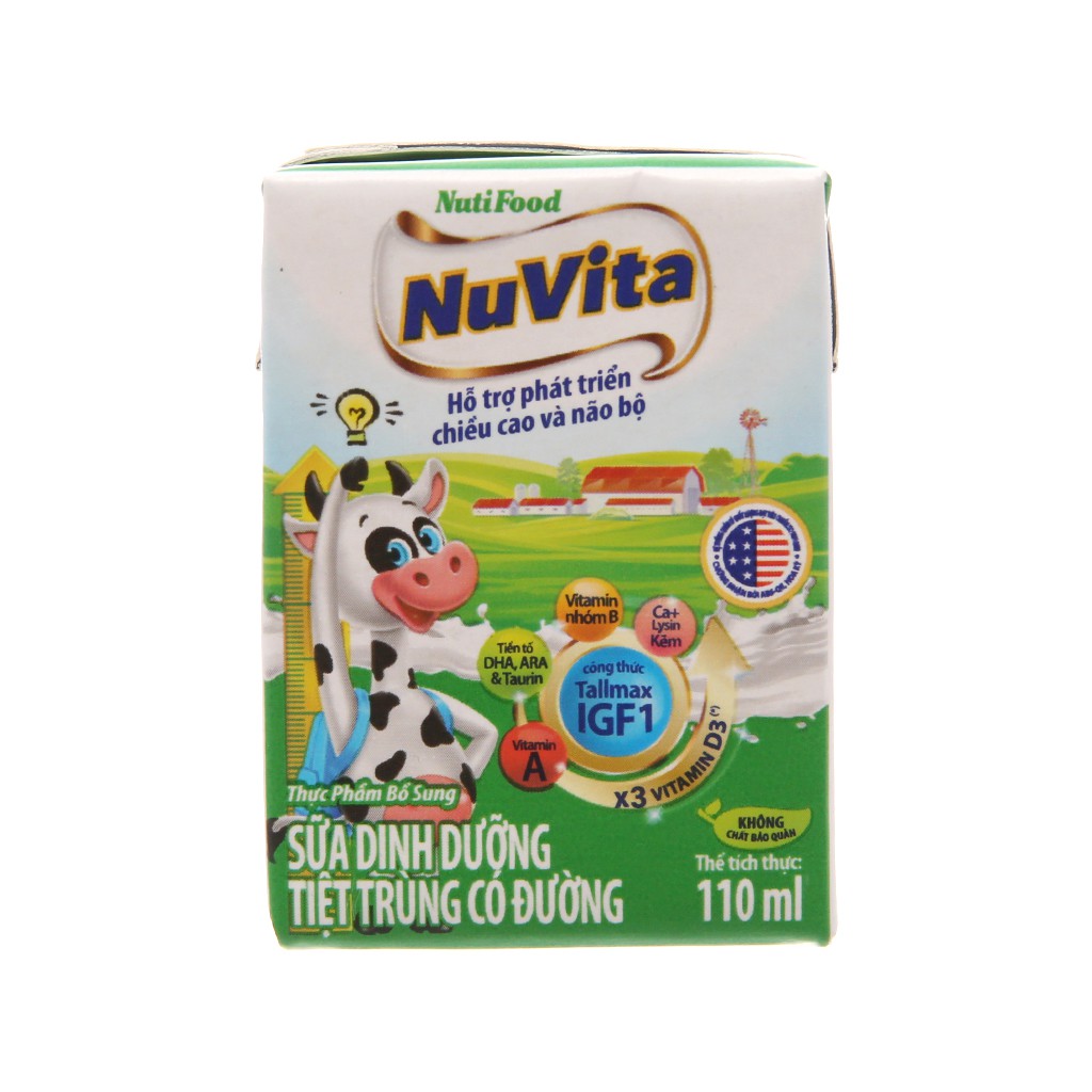 Lốc 4 hộp sữa tiệt trùng có đường Nuvita 110ml