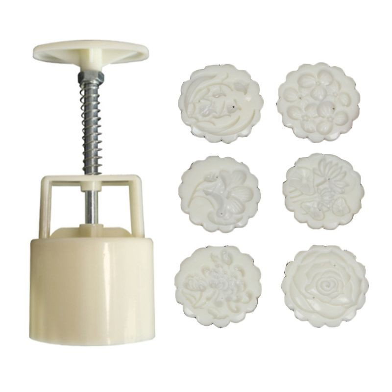Bộ 6 cái khuôn và tem dập tay hình trụ làm bánh trung thu 50g DIY