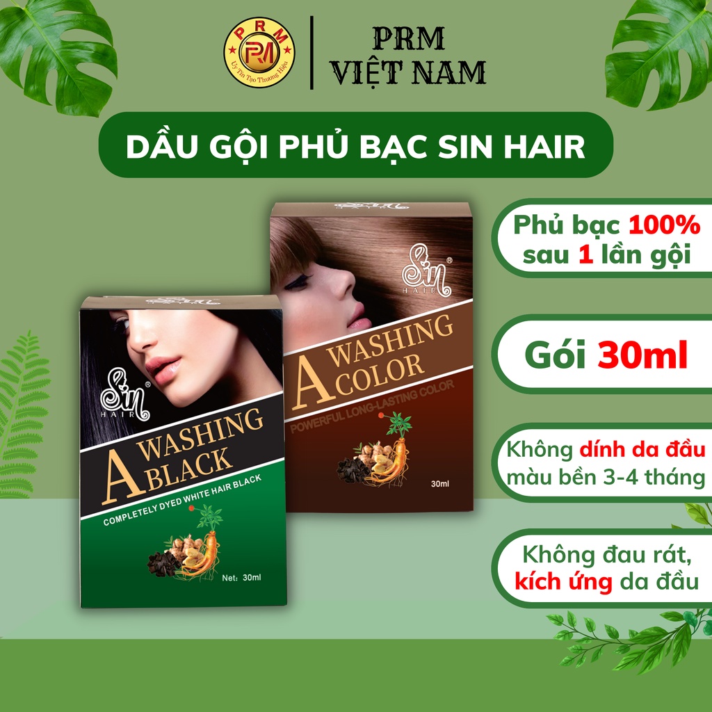 Dầu gội phủ bạc SIN HAIR chính hãng gói 30ml, Dầu gội nhuộm tóc Đen hoặc Nâu trong 5 -10 phút