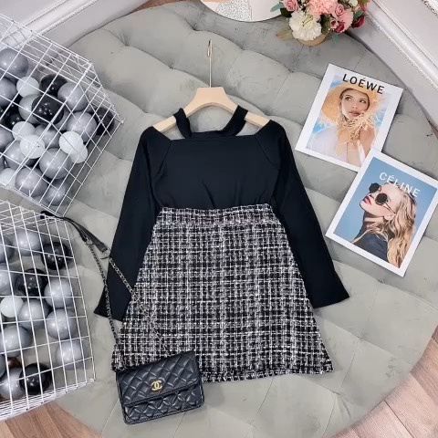 🍓 Set áo yếm len tăm hở vai quảng châu dày dặn mix chân váy dạ caro có quần trong, chun sau dễ mặc.