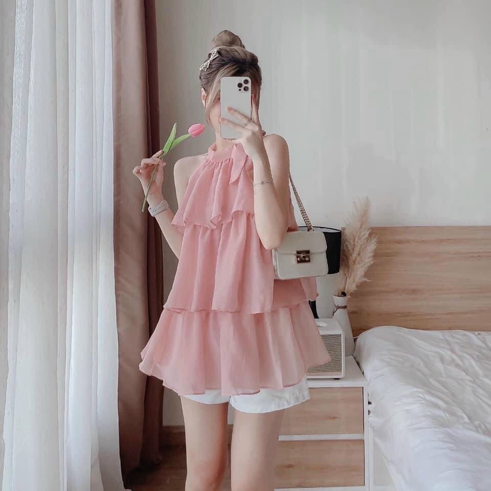 Set Nữ , Set Bộ Áo Cổ Yếm Tầng 2 Màu Trắng Hồng , Set Bộ Yếm Lụa Kèm Quần Ngắn Tapta Màu Trắng Cực Dễ Thương