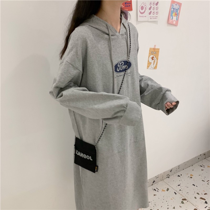 SUXI Đầm hoodie in hình dáng rộng thời trang Hàn Quốc