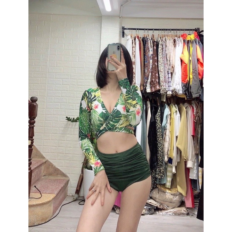 Sét bikini biển nữ ❤️ Freeship ❤️ Đồ bơi nữ tay dài cột eo họa tiết hoa | BigBuy360 - bigbuy360.vn