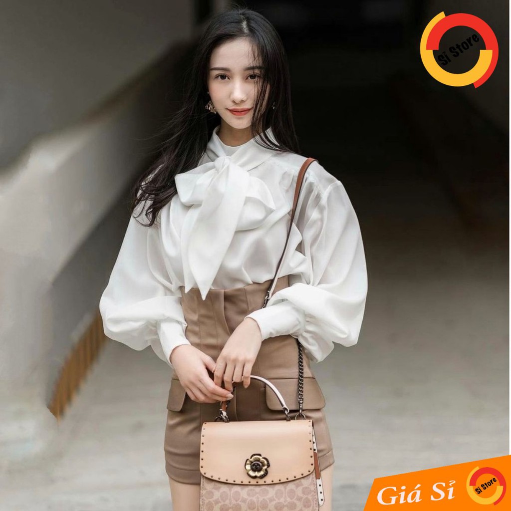 Set Áo Cổ Điển + Quần Váy Cạp Cao Túi Nắp (Áo Trắng + QV Nâu)