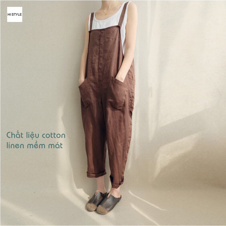 Yếm nữ quần yếm cotton linen casual phong cách Vintage Rentro form rộng rãi, quần yếm Ulzzang form thụng Unisex