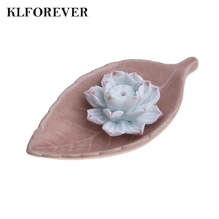 Lư hương cắm nhang Phật giáo bằng gốm sứ hình hoa sen có khay đựng tro hình lá hàng thủ công mỹ nghệ trang trí nội thất