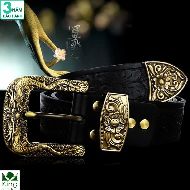 Thắt Lưng Nam Da Bò Miếng 100% Handmade Đầu Khóa Rồng Đúc Đồng 3 Mảnh - Bảo Hành 3 Năm