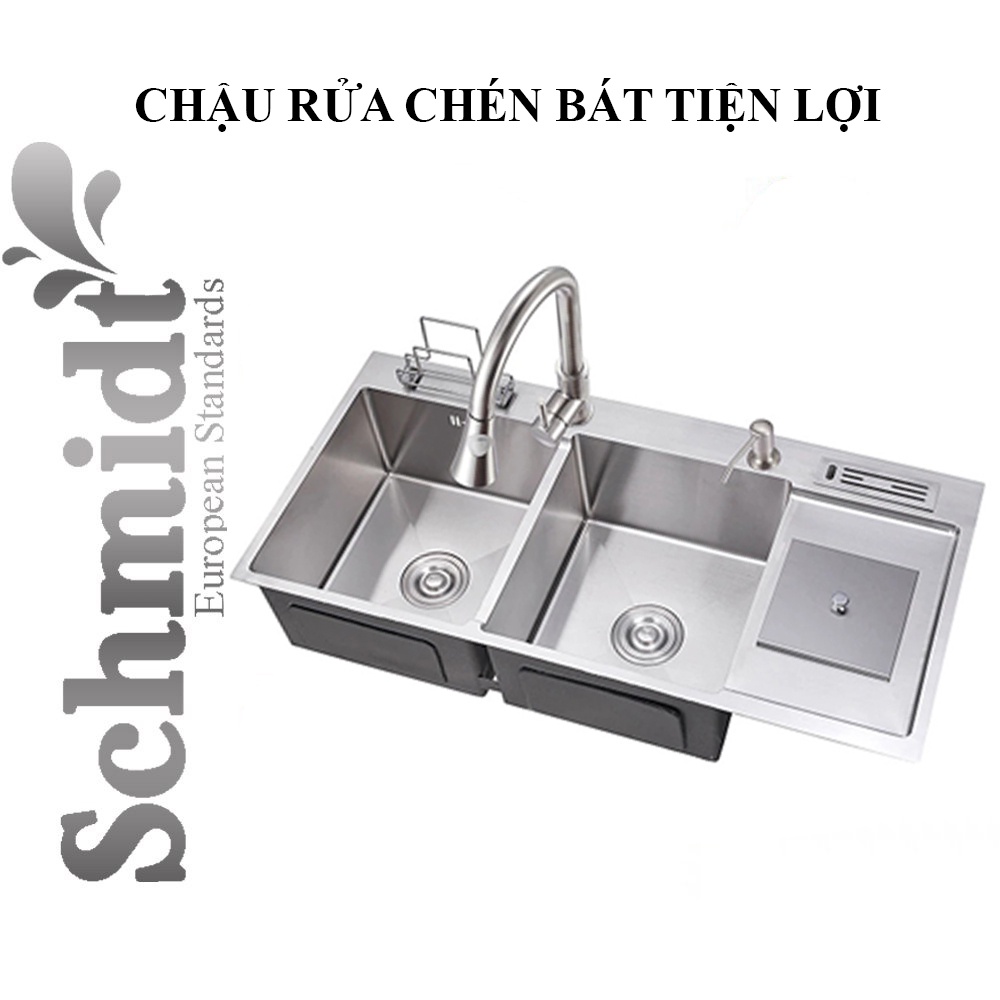 Chậu Rửa Bát Inox SUS304 Schmidt 2 Hố Cân Có Hộp Rác Tiện Lợi, Có Độ Bền Cao, Chống Rỉ Sét - Hàng Chính Hãng