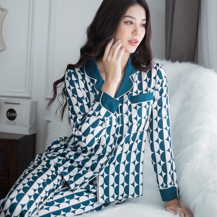 Bộ ngủ satin ZAM Luxury - DTA47 - Áo dài tay quần dài hoạ tiết | BigBuy360 - bigbuy360.vn