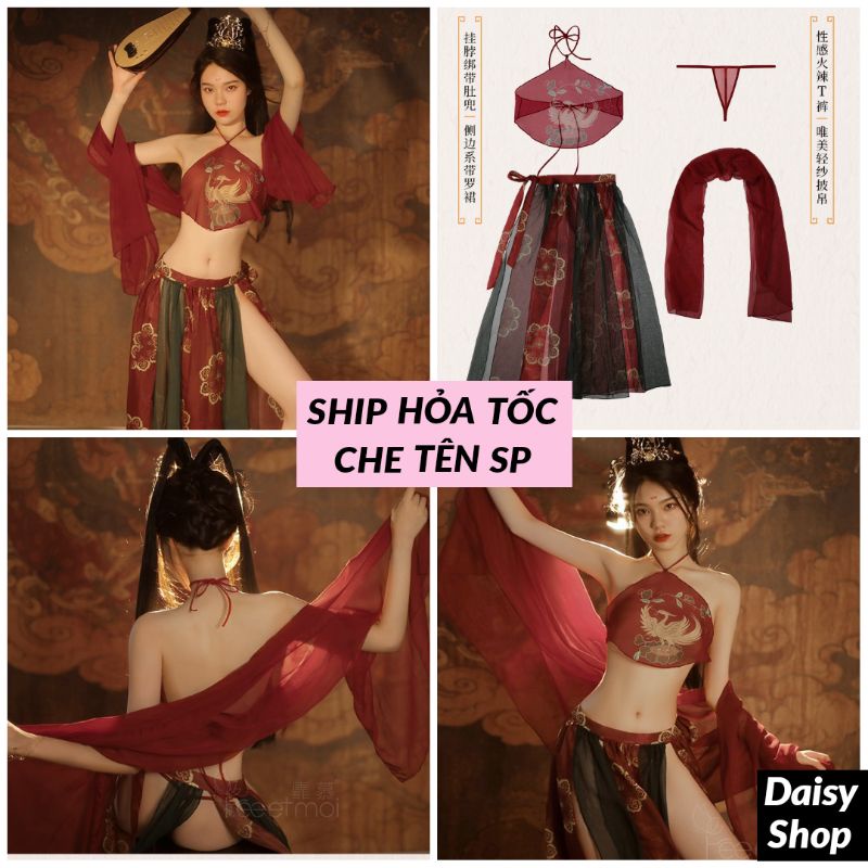 [ĐỌC LƯU Ý] Cosplay cổ trang cung nữ Trung Hoa sexy - bộ đồ ngủ Hán phục cao cấp 2 cách mặc kèm yếm