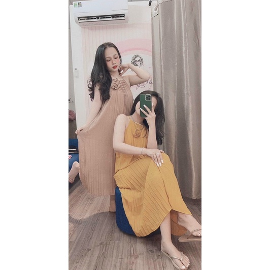[Hàng đẹp]Đầm maxi dập ly 2 dây dáng suông kèm hoa trên ngực siêu cưng-hình thật. alohashop91
