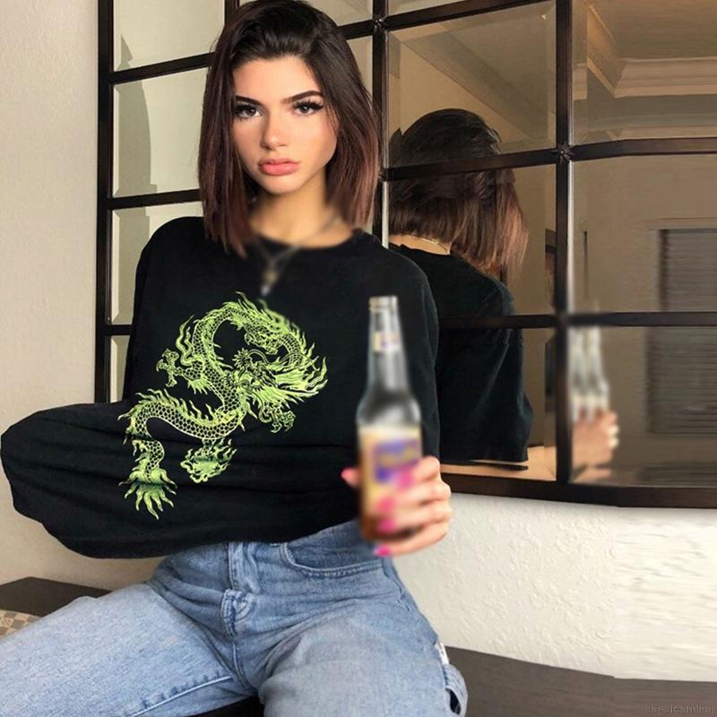 Women's Casual Loose Oversized T Shirt Ladies Dragon Printed Short Sleeve Tee Shirt Black Streetwear T-shirts