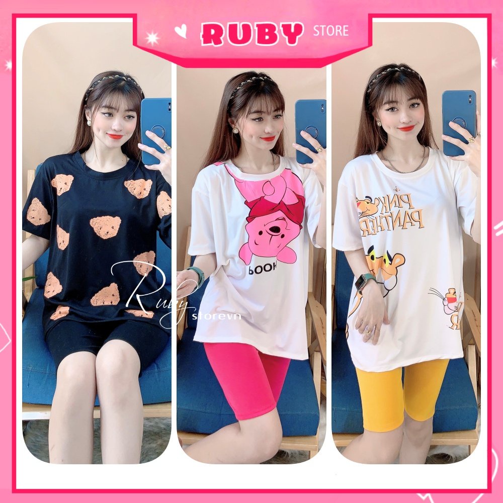 Đồ bộ thun lửng phom to cho nữ mặc nhà chất thun mềm mát in hình gấu hoạt hình dễ thương TP88
