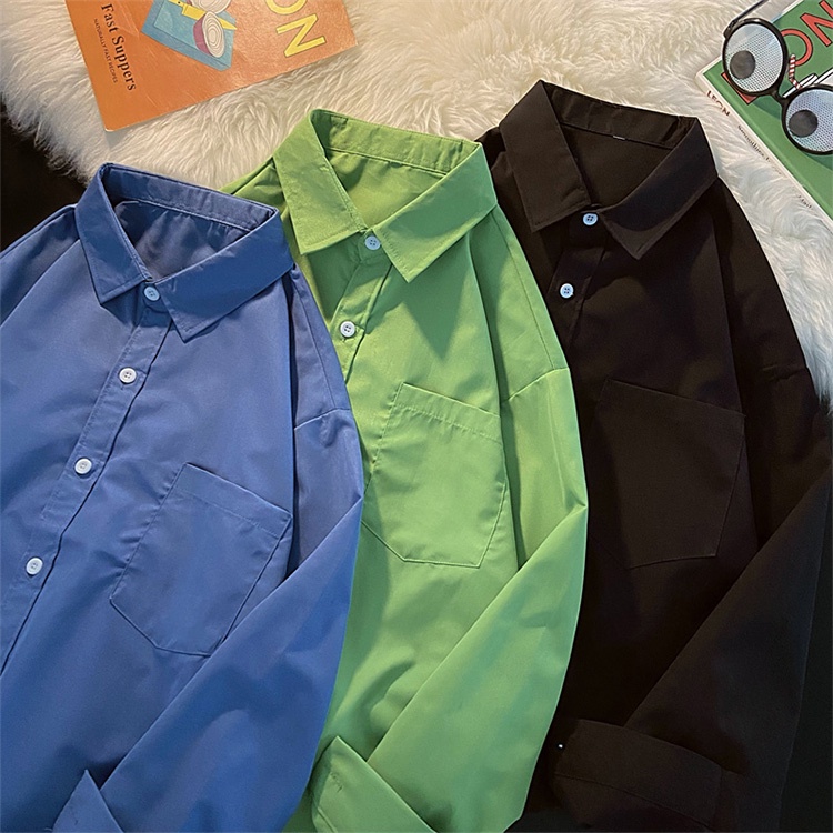 Áo Sơ Mi Dáng Rộng Màu Xanh Lá Với Tay Dài Thời Trang Hàn Quốc