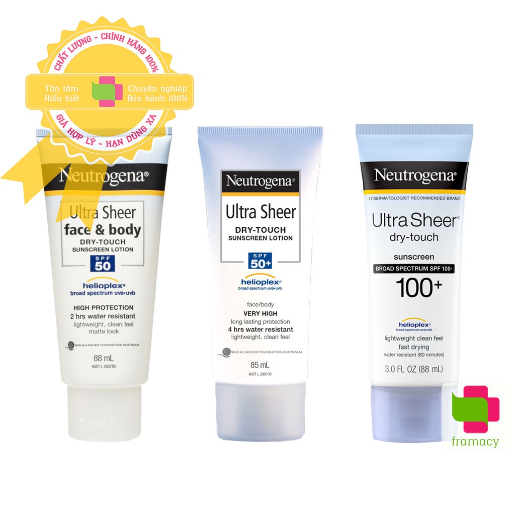 Kem chống nắng Neutrogena Ultra Sheer Dry-Touch SPF 50/50+/100+, Mỹ dùng được cho bé từ 6 tháng tuổi + người lớn mọi loạ