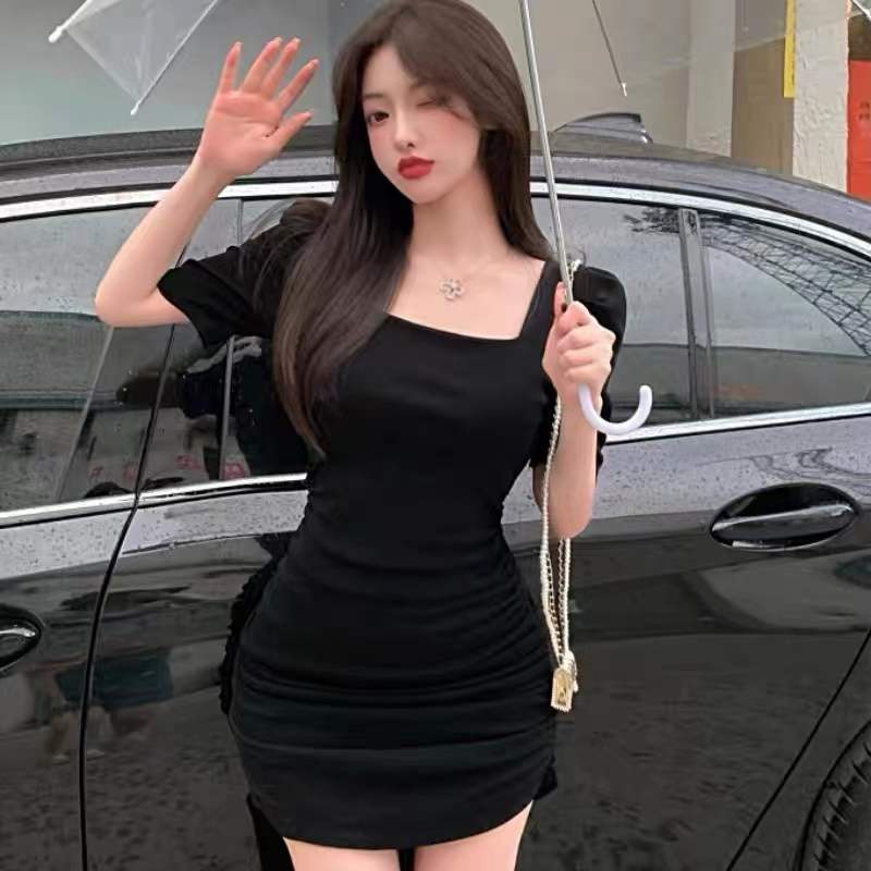 Đầm PERTY tay ngắn phồng cổ vuông ôm dáng thiết kế xếp ly thời trang Hàn Quốc quyến rũ dành cho nữ
