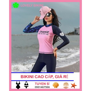 Đồ bơi tay dài hồng baby phối lá  quần dài ( kèm ảnh thật)